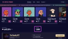 A dark NFT marketplace page displays a row of collectible character cards, including text such as “4,521 ETH,” “1,000,” and “The Royalty NFT.”