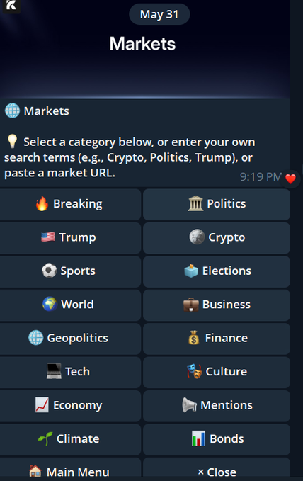 The image shows a phone screen displaying a list of various markets, including sports, world news, economy, tech, politics, and culture. The screen also has a clock showing the time as 9:19 PM. The main caption of the image is "So many markets to choose from on @kreoapp ... that tool is Kreo". This suggests that there are multiple options available for users to explore and select their preferred market or topic, with the help of the app's features.