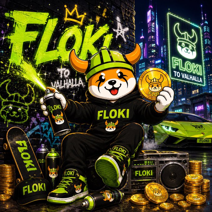 A stylized digital illustration featuring the FLOKI cryptocurrency mascot—a Shiba Inu wearing a green horned helmet—holding a FLOKI spray paint can and coin, surrounded by FLOKI-branded merchandise and a 'TO VALHALLA' sign.