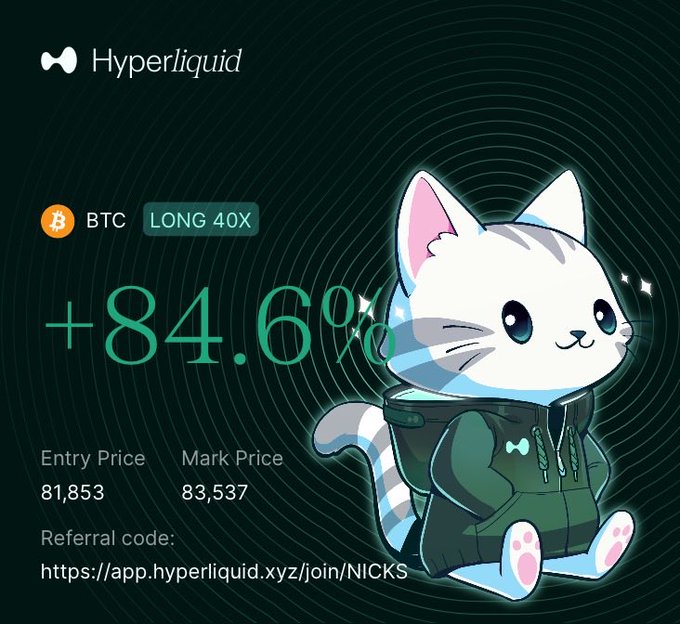 A promotional graphic for Hyperliquid featuring a cartoon cat in a hoodie, advertising a BTC LONG 40X position with a +84.6% gain, showing an Entry Price of 81,853 and Mark Price of 83,537, along with a referral link.