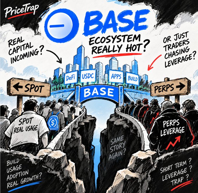 PriceTrap cartoon illustration titled 'BASE ECOSYSTEM REALLY HOT?' depicting people choosing between 'SPOT' (real usage/adoption) and 'PERPS' (leverage) paths, questioning if real capital is incoming or if traders are just chasing leverage.