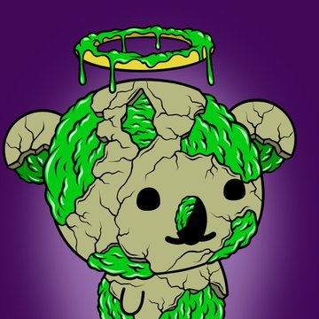 A cartoon illustration of a koala-like creature with a cracked, earthy body covered in bright green ooze, featuring a halo dripping with green slime on its head against a purple background.