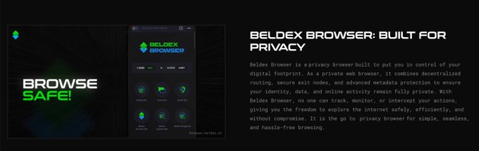 Promotional graphic for 'Beldex Browser' describing it as 'Built for Privacy' with the tagline 'Browse Safe!' and listing privacy features.