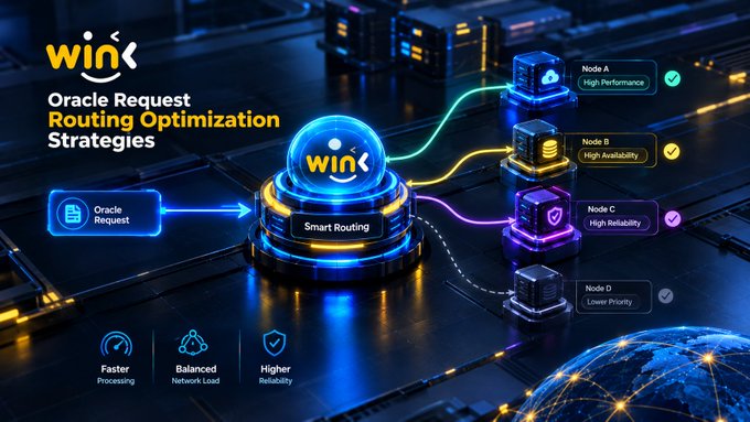 A digital graphic titled "Oracle Request Routing Optimization Strategies" from "WIN," depicting a smart routing process distributing requests to nodes based on performance, availability, reliability, and priority.