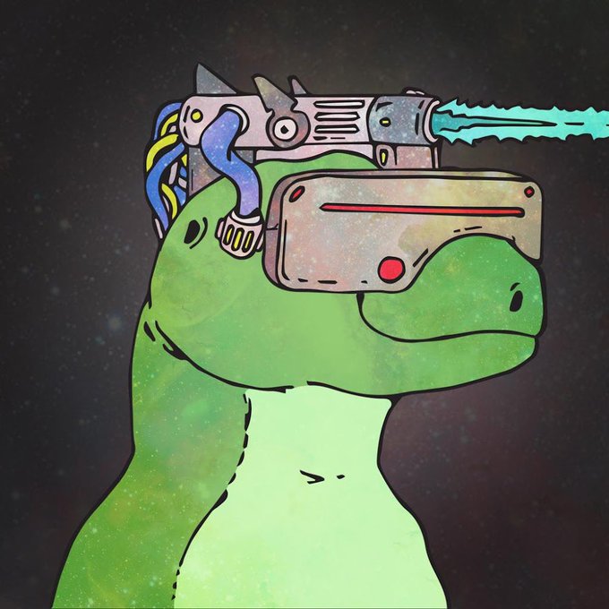 A cartoon illustration of a green dinosaur (resembling Godzilla) wearing a cyberpunk-style VR headset mounted on its head, which shoots a blue energy beam, set against a starry cosmic background.