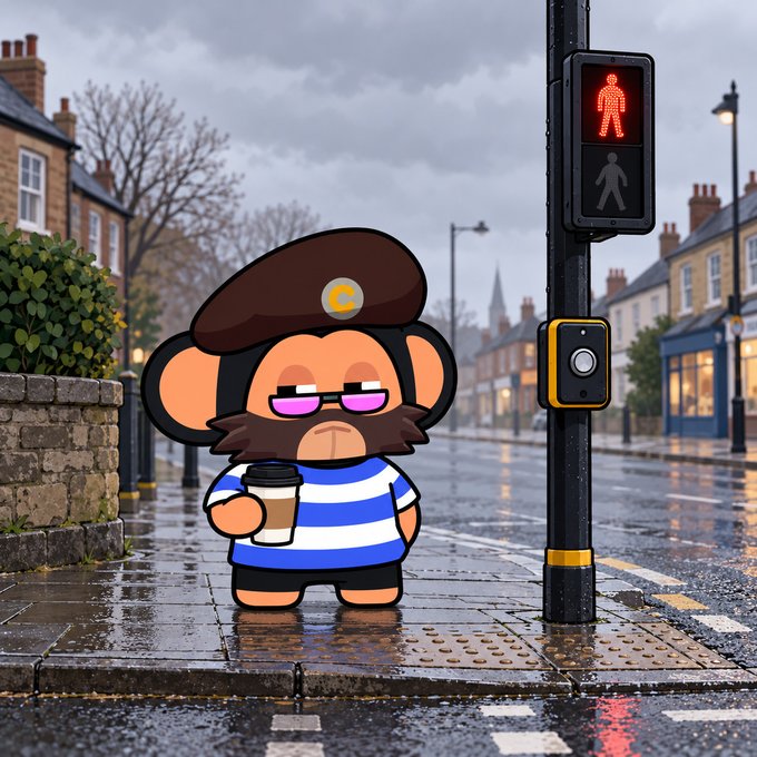 A cartoon monkey character with a beard, beret, sunglasses, and a blue-and-white striped shirt holding a coffee cup, standing on a wet street corner next to a pedestrian crossing button and traffic light.