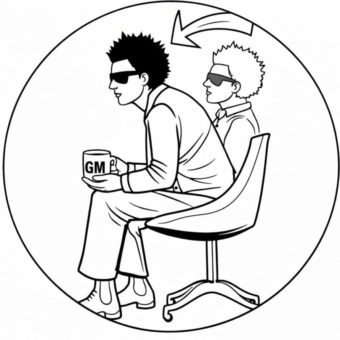 A black-and-white line drawing of a person with sunglasses holding a "GM" mug while sitting in a chair, with a reflection of another person with spiky hair and sunglasses behind them, and an arrow at the top.
