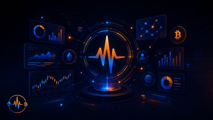 A digital dashboard display with a central waveform pulse graphic surrounded by charts and cryptocurrency icons including Bitcoin and Ethereum, glowing in blue and orange.