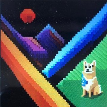 A retro-style pixel art image shows a corgi dog sitting on a green surface, set against a backdrop of stylized rainbow-colored mountains and a red celestial body.