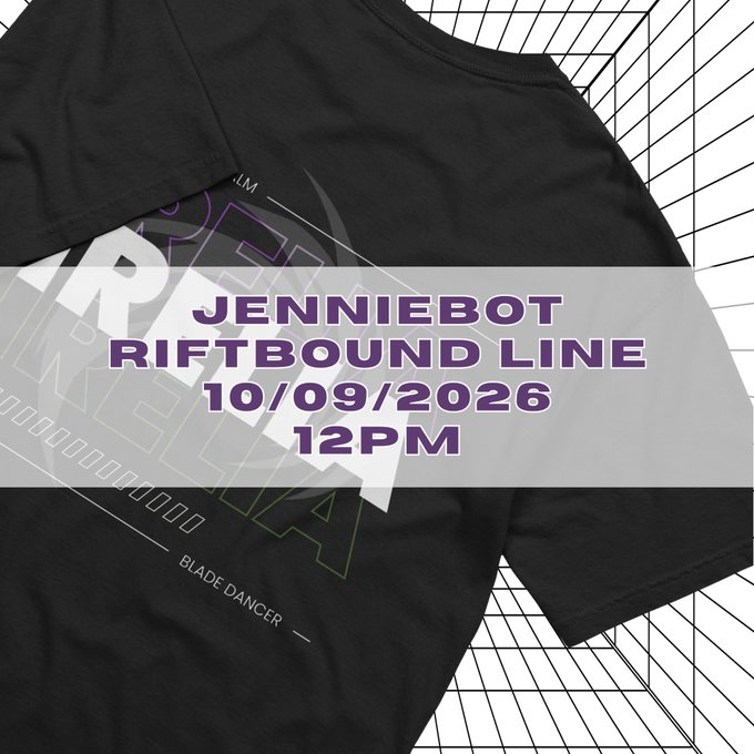 A promotional graphic overlaid on a black t-shirt reading 'JENNIEBOT RIFTBOUND LINE 10/09/2026 12PM' in purple text, with faint design elements including 'BLADE DANCER' visible beneath.