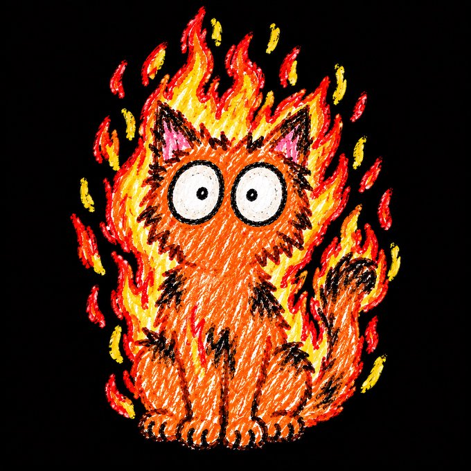 A crayon-style digital drawing of an orange cat with wide eyes sitting surrounded by bright red and yellow flames against a black background.