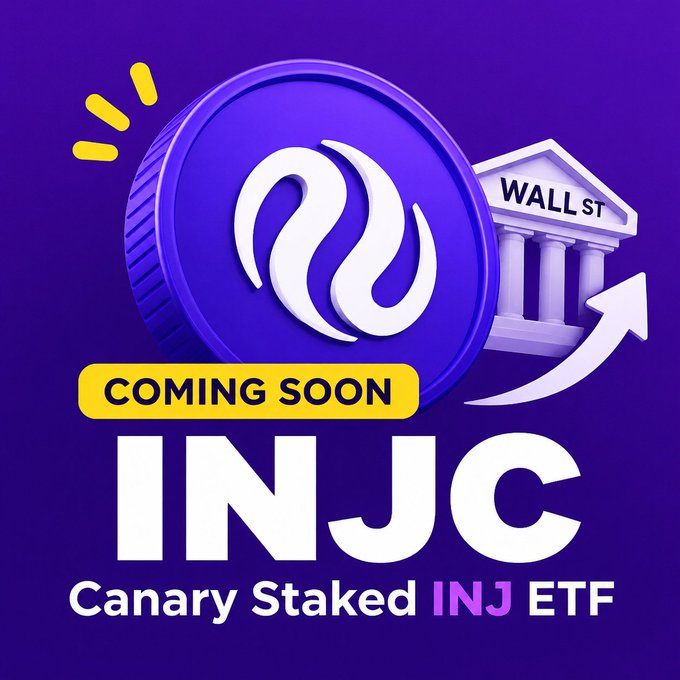 A promotional graphic for an INJ (Injective) Canary Staked ETF, featuring the Injective flame logo and a Wall Street building icon with 'COMING SOON' text on a purple background.