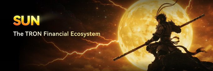The image features a dramatic scene of a warrior holding a staff silhouetted against a large, fiery moon with lightning in the background, alongside the text "SUN" and "The TRON Financial Ecosystem."

This visually reinforces the post by branding $SUN as a powerful, mythology-inspired force within the TRON DeFi landscape, matching the language of steady, organic momentum and the impressive 24H volume and holder statistics highlighted.