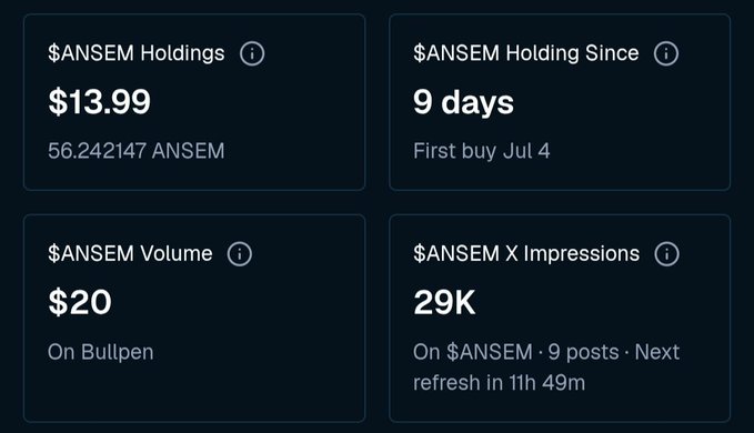A cryptocurrency dashboard displaying $ANSEM token metrics: $13.99 holdings, 9 days held, $20 volume, and 29K X impressions.