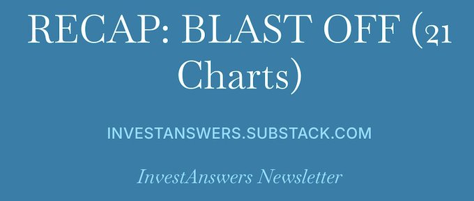 The image is a blue title card featuring white text that reads "RECAP: BLAST OFF (21 Charts)" along with the website "INVESTANSWERS.SUBSTACK.COM" and "InvestAnswers Newsletter," introducing a newsletter recap that analyzes 21 charts covering yields, oil prices, AI, and crypto as part of a "blastoff week" TA Masterclass.