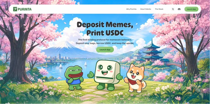 A website screenshot for 'PURINTA' with the tagline 'Deposit Memes, Print USDC' featuring cartoon characters including a frog, a white cube mascot, and a Shiba Inu dog in a cherry blossom landscape.