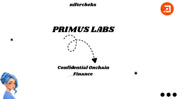 A white graphic labeled “nifercheks” and “PRIMUS LABS” points to “Confidential Onchain Finance,” with a blue-haired cartoon character and an orange app-style icon.