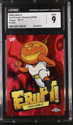 A CGC graded trading card encased in plastic displays an illustration of a pumpkin-headed character named "Jolly Jack-O" titled "Erupt!" with a grade of 9.