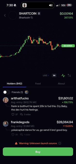 A mobile screenshot displays the SMARTCOIN ($0.00164, up 267.13%) cryptocurrency page showing a price chart, 842 holders, top holders 'artthatfucks' and 'frankdegods,' and a green 'Buy' button.