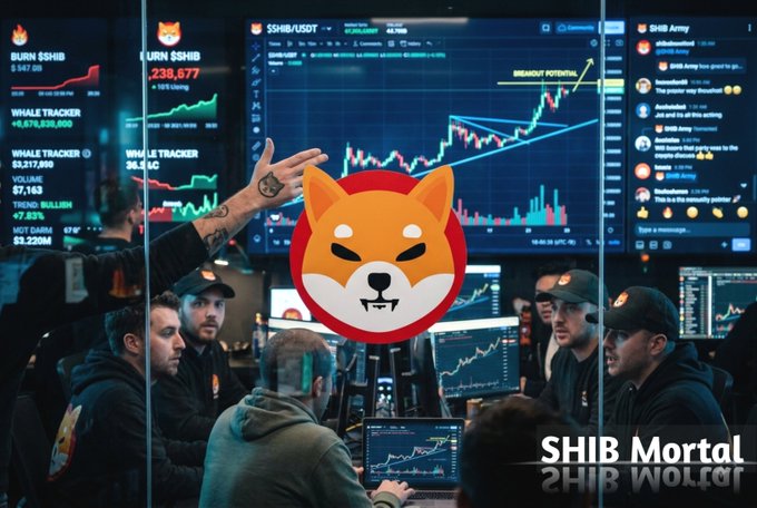 A Shiba Inu-themed promotional image labeled 'SHIB Mortal' showing traders at screens with SHIB/USDT charts, whale tracker data ($238,677 SHIB burned), and a central Shiba Inu logo overlaid.