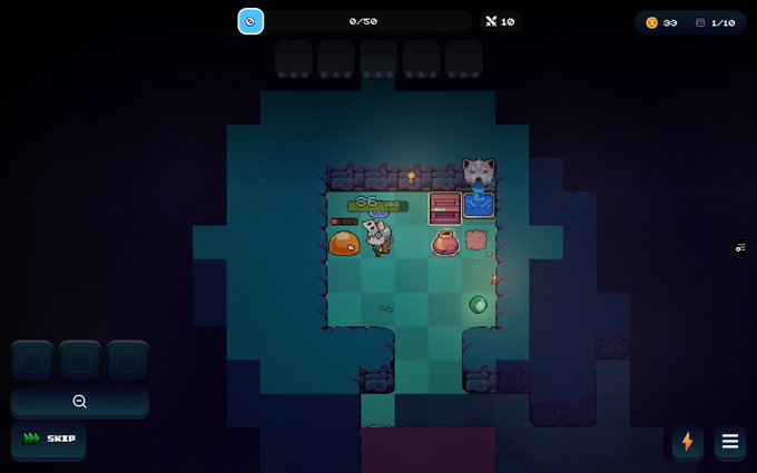 A pixel-art dungeon crawler game screenshot featuring characters including a gray cat, orange slimes, and a chest on a checkered floor.