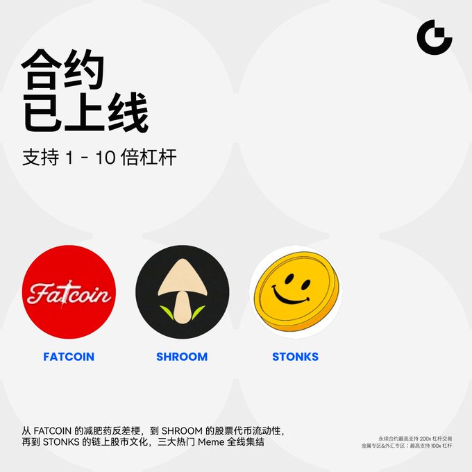 Gate's promotional image announces the launch of contracts trading for three meme tokens—$FATCOIN, $SHROOM, and $STONKS—with support for 1-10x leverage, featuring a red "合约已上线" headline and logos for each token.