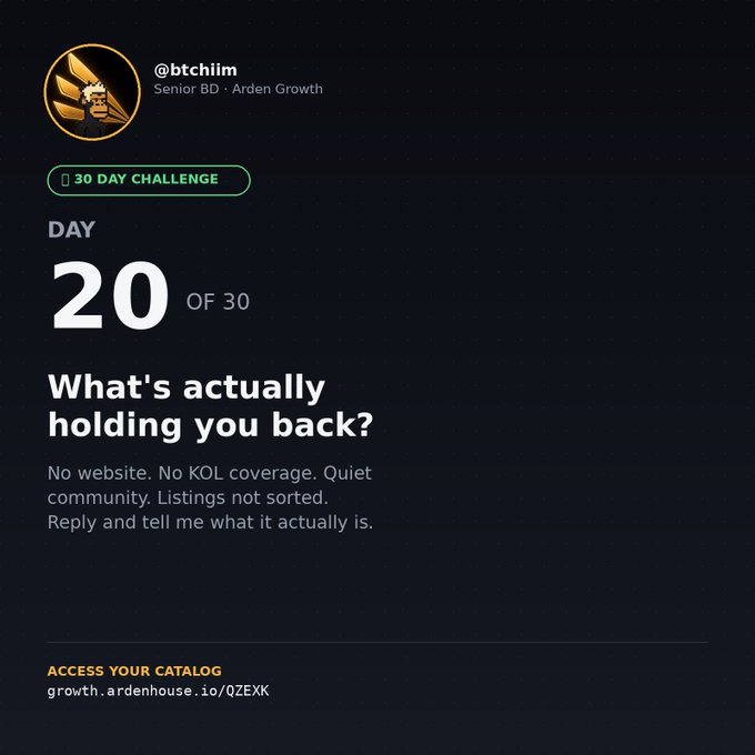 A digital graphic from @btchim (Senior BD · Arden Growth) showing 'DAY 20 OF 30' of a '30 DAY CHALLENGE' with the question 'What's actually holding you back?' and a catalog link.
