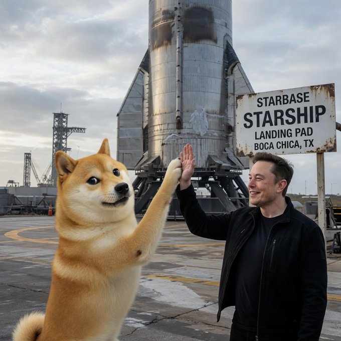 A giant Shiba Inu ($DOGE mascot) gives a high-five to Elon Musk in front of the Starship rocket at the Starbase launch facility in Boca Chica, TX, with a sign reading "STARBASE STARSHIP LANDING PAD BOCA CHICA, TX" visible in the background. The image playfully visualizes the "handshake of the century" between Musk and the Doge community, symbolizing the potential approved collaboration between the classic meme and Musk's space venture.