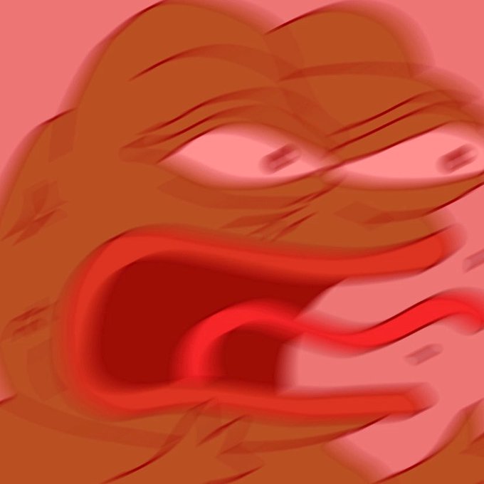 A distorted, motion-blurred cartoon image of an angry brown character with wide eyes and an open mouth shouting against a pink background.