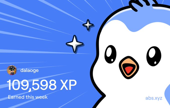 An XP earnings card for user 'dalaoge' showing 109,598 XP earned this week on a blue background with an ABS.XYZ logo and a cute bird character.