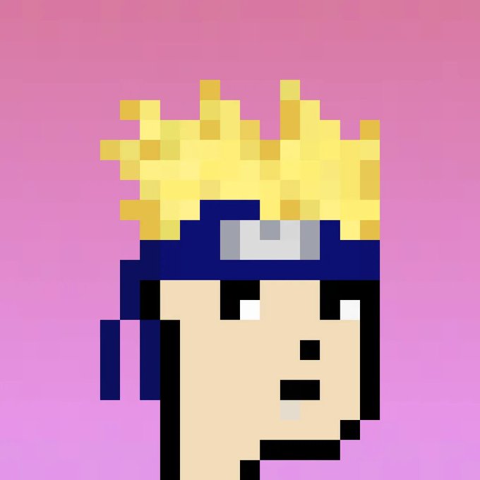 Pixel art of a face with a blue headband and spiky yellow hair against a pink background, resembling the style of Naruto.