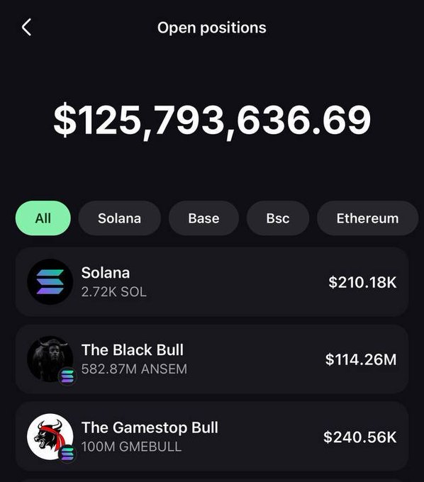 A mobile screen displays "Open positions" totaling $125,793,636.69, highlighting holdings including Solana at $210.18K (2.72K SOL), The Black Bull at $114.26M (582.87M ANSEM), and The Gamestop Bull at $240.56K (100M GMEBULL), visually supporting the post's claim about ANSEM's $114M ANSEM position and $240K GMEBULL stake.