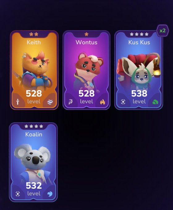 A mobile game character selection screen displaying four characters: Keith (level 528, fox-like creature), Wontus (level 528, red panda), Kus Kus (level 538, koala in hood with x2 multiplier), and Koalin (level 532, koala).