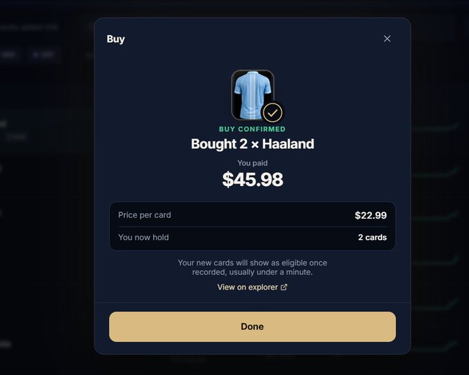 A 'Buy Confirmed' modal window showing a purchase of 2 Haaland cards at $45.98 total, with each card priced at $22.99, displayed over a dark interface background.