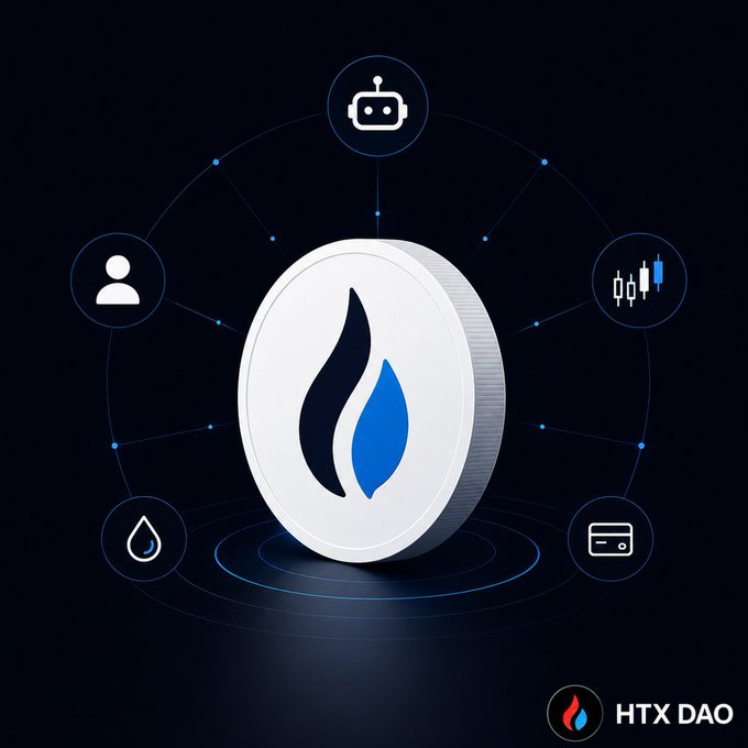 An HTX DAO promotional graphic featuring a silver coin with a red and blue flame logo, surrounded by an orbital ring with icons representing users, AI, trading charts, and wallet/payment features.
