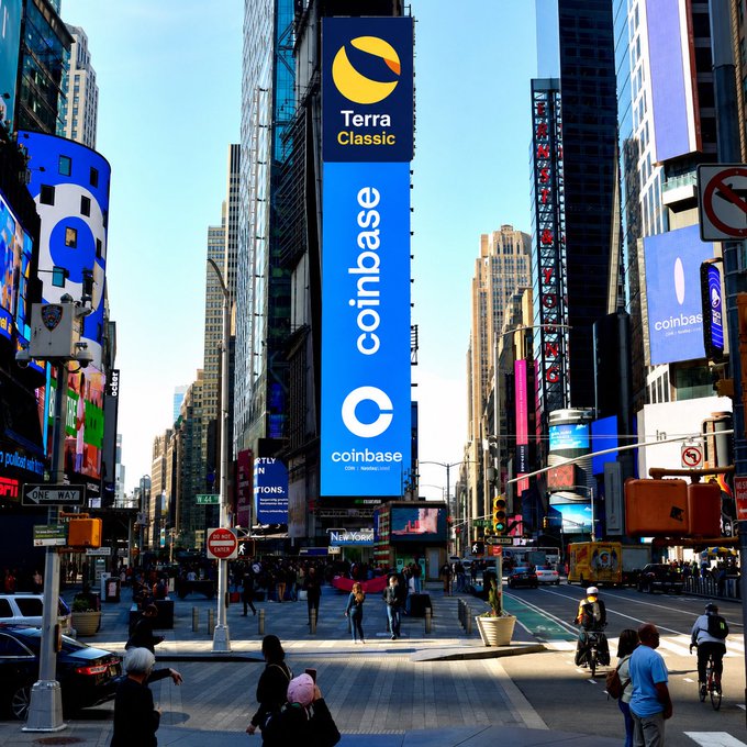A Times Square street scene prominently featuring a tall blue billboard advertising 'Terra Classic' and 'coinbase' on Nasdaq's digital display.
