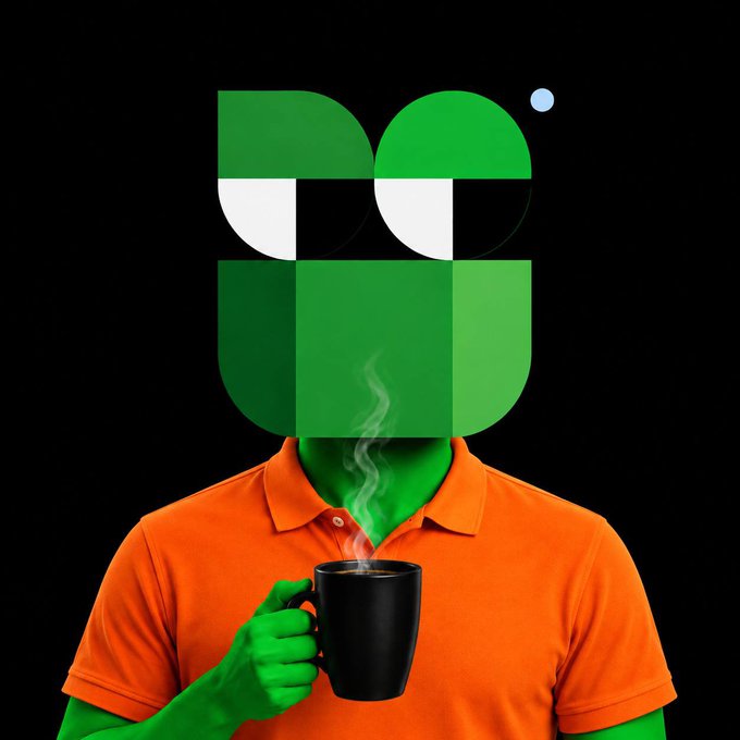 A digital illustration of a figure with a green, geometric logo for a head, wearing an orange polo shirt and holding a black mug emitting steam.