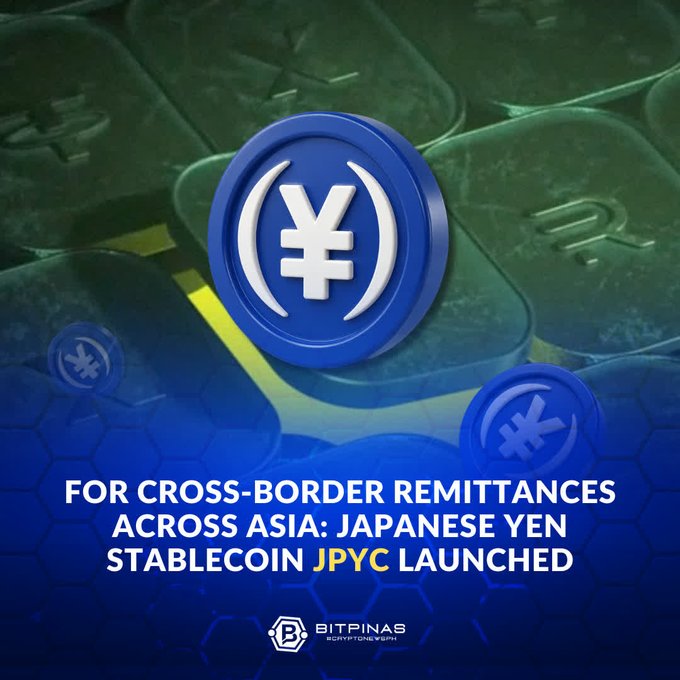 The image features a blue circle with a white "Y" inside, which appears to be a symbol or logo related to the Japanese yen. The background of the image is green, and there are several other circles scattered throughout the scene. The text in the image reads "For cross-border remittances across Asia; Japanese yen-pegged stablecoin JPYC launched @KaiaChain". This suggests that the image is promoting a new stablecoin called the Japanese yen-pegged stablecoin (JPYC), which is designed to facilitate cross-border transactions and settlements in Japan. The post also mentions that this stablecoin has been officially launched on the Kaia blockchain, indicating its official status and recognition by the cryptocurrency community.