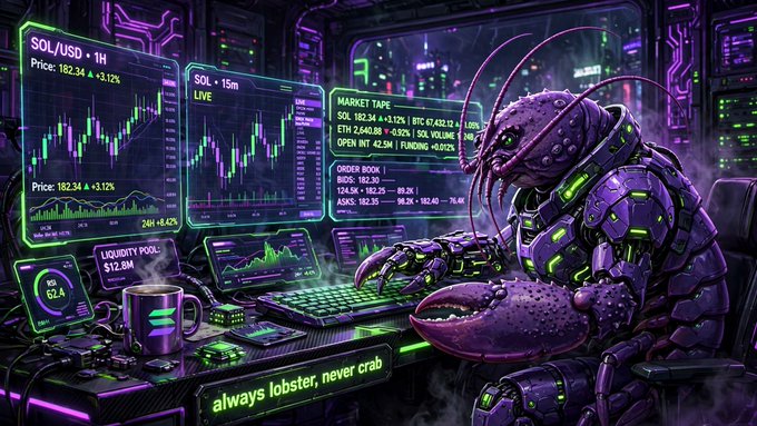 A digital artwork of a cybernetic purple lobster character trading cryptocurrency at a multi-monitor setup displaying SOL/USD charts, market tape, and order book data, with the caption 'always lobster, never crab.'