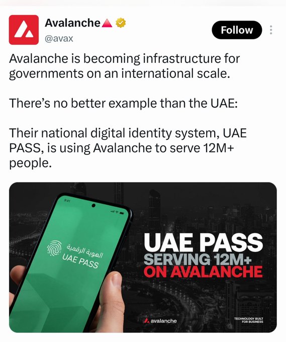 An Avalanche (@avax) social media post stating 'Avalanche is becoming infrastructure for governments on an international scale,' featuring the UAE PASS digital identity system serving 12M+ people on Avalanche.