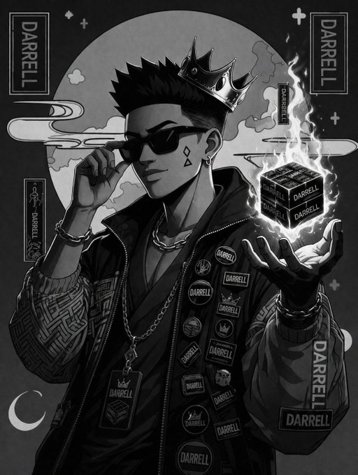 A monochrome graphic-novel-style illustration of a confident young man wearing a crown, sunglasses, and a jacket covered in 'DARRELL' patches and pins, holding a flaming 'DARRELL' branded cube, with 'DARRELL' text panels in the corners against a moonlit sky.