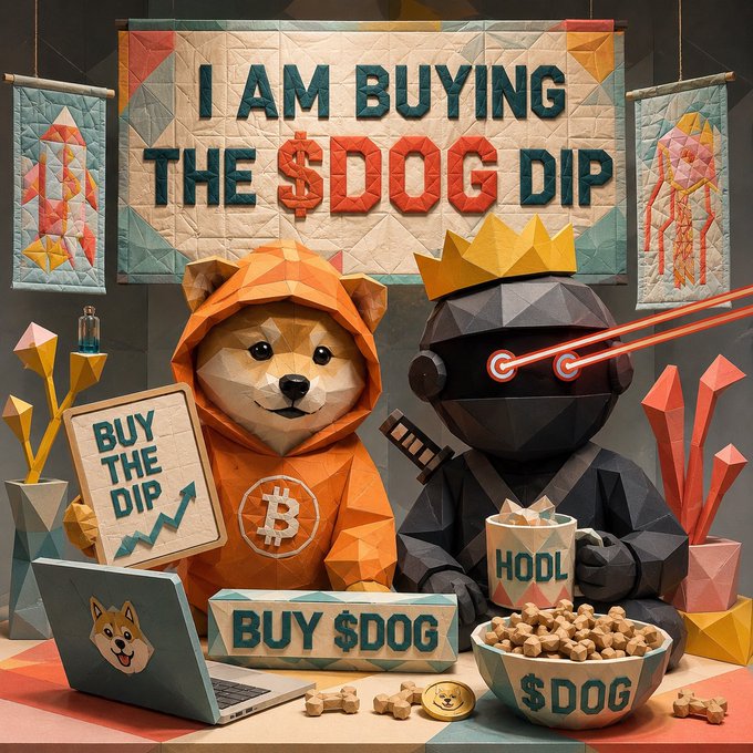 The image features two paper dolls, one wearing an orange hoodie and holding a sign that reads "Buy $DOG", while the other doll has a robot suit with red laser beams coming out of its head. The background includes a banner that says "I am buying the S$DOG Dip".