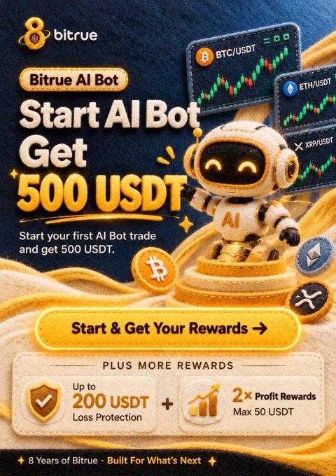 A promotional advertisement for Bitrue's AI Bot offering 500 USDT for starting a first trade, featuring a cartoon robot and cryptocurrency charts for BTC/USDT, ETH/USDT, and XRP/USDT.