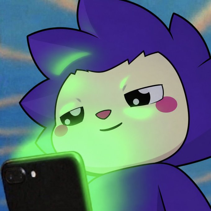 An illustration of a purple hedgehog-like character with glowing green eyes looking at a smartphone.