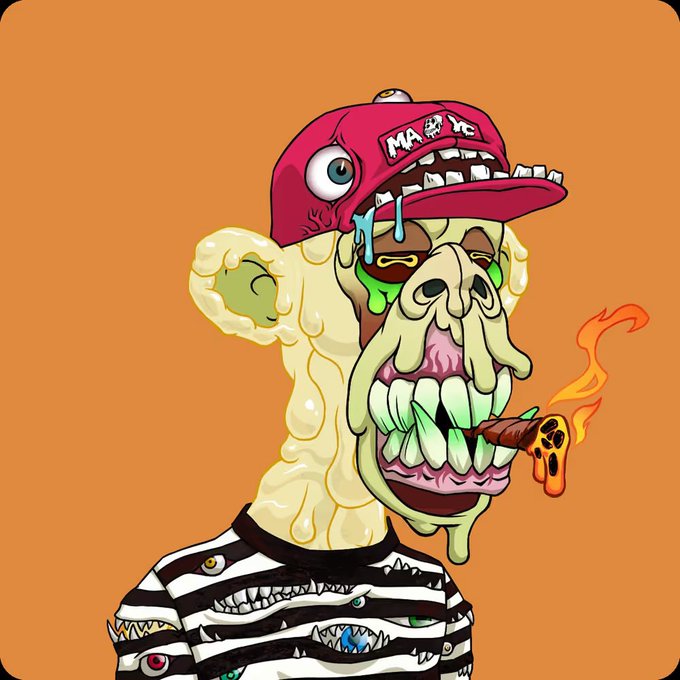 A cartoon illustration of a melting, grotesque figure wearing a red 'MAFIA' cap and smoking a cigar, with drool and green liquid dripping from its face.