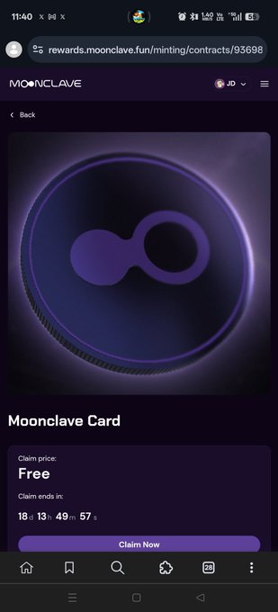 A mobile screenshot of the Moonclave (MOONCLAVE) website displaying a "Moonclave Card" with a "Free" claim price and a countdown timer showing 18 days, 13 hours, 49 minutes, and 57 seconds remaining, with a "Claim Now" button at the bottom. The image supports the post about Moonclave catching attention, showing a free NFT card mint available for claim.