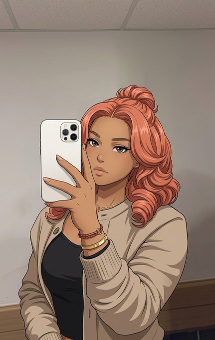 An anime-style illustration of a young woman with curly red hair taking a selfie with a white smartphone, wearing a beige cardigan over a black top.