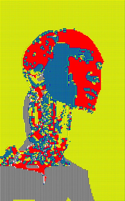 A digital glitch art piece featuring a silhouette portrait composed of red, blue, and yellow pixelated patterns against a bright yellow background.