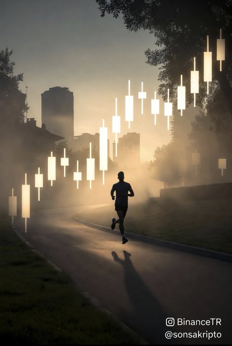 A silhouetted runner jogs along a misty path at dawn, surrounded by glowing candlestick chart bars that trail behind him, visually merging the discipline of running with the discipline of crypto trading.

Visible text includes the watermark "@BinanceTR" and "@sonsakripto" in the lower right corner.