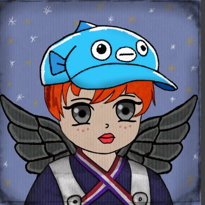 A cartoon-style drawing of a character with orange hair wearing a blue fish hat, gray wings, and a purple robe against a starry purple background.